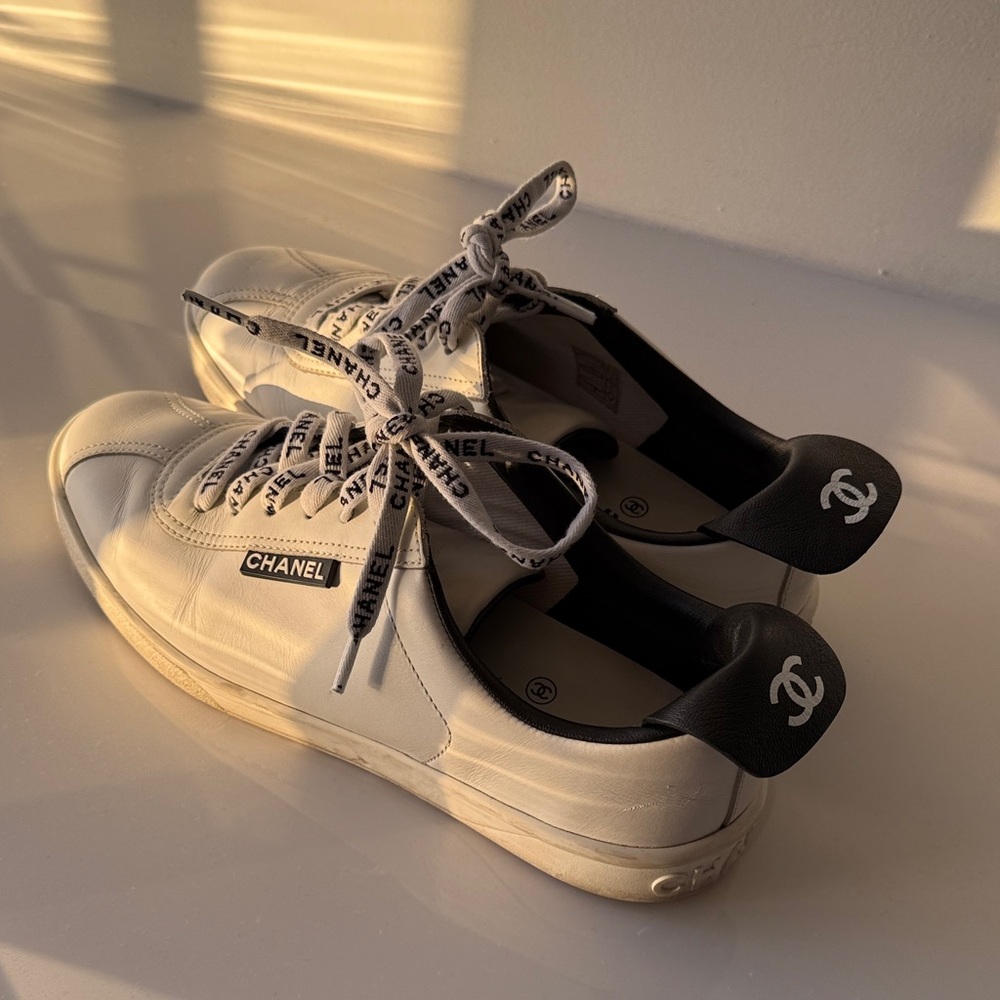 CHANEL White and Black Logo Sneakers
